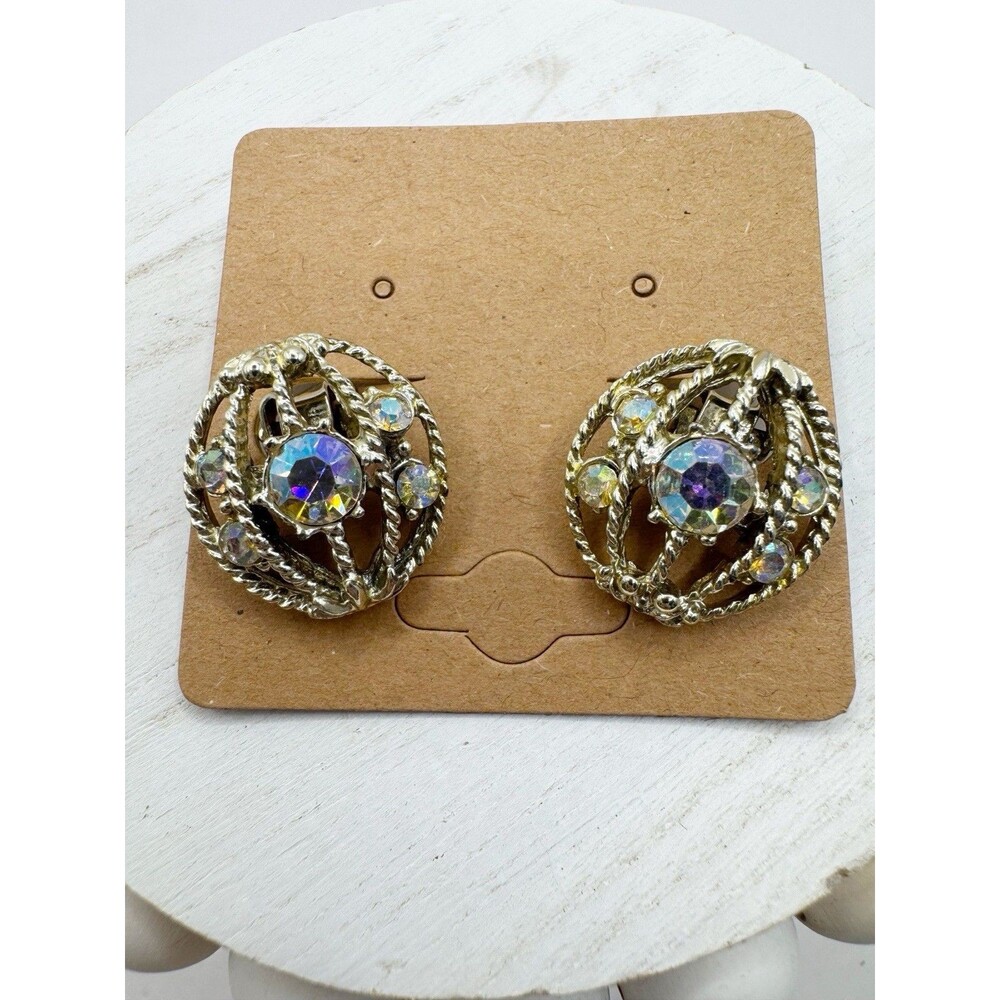 Vintage MCM Aurora Borealis Open Cage Domed Clip On Earrings Glam Retro Jewelry